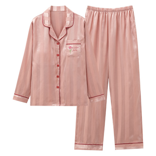 睡衣女春秋冰絲長袖帶胸墊一體式仿真絲綢春夏外穿家居服兩件套裝