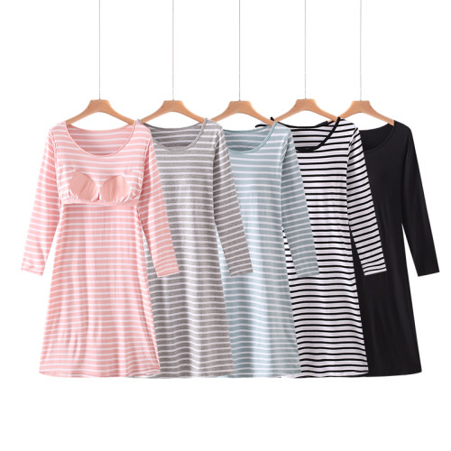 莫代爾純棉女帶胸墊長袖睡裙寬鬆加大碼罩杯一體免文胸睡衣家居服 莫代爾純棉女帶胸墊長袖睡裙寬鬆加大碼罩杯一體免文胸睡衣家居服