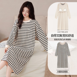 睡裙春秋季女士純棉2025年新款長袖寬鬆加肥大碼胖MM帶胸墊家居服