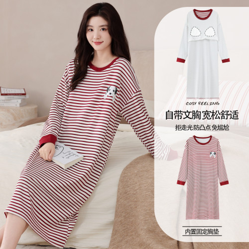 睡裙春秋季女士純棉2025年新款長袖寬鬆加肥大碼胖MM帶胸墊家居服 睡裙春秋季女士純棉2025年新款長袖寬鬆加肥大碼胖MM帶胸墊家居服