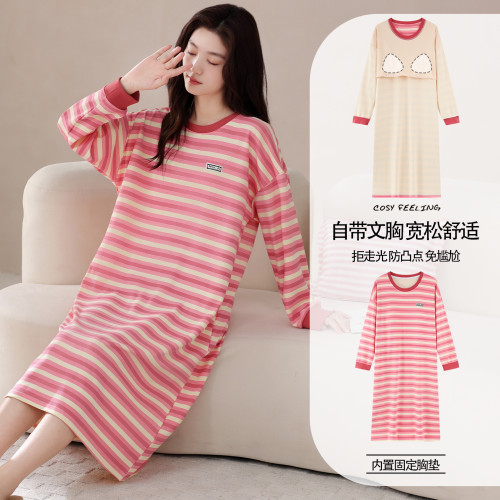睡裙春秋季女士純棉2025年新款長袖寬鬆加肥大碼胖MM帶胸墊家居服 睡裙春秋季女士純棉2025年新款長袖寬鬆加肥大碼胖MM帶胸墊家居服