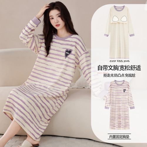 睡裙春秋季女士純棉2025年新款長袖寬鬆加肥大碼胖MM帶胸墊家居服 睡裙春秋季女士純棉2025年新款長袖寬鬆加肥大碼胖MM帶胸墊家居服