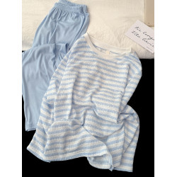 莫代爾棉睡衣女款春秋季韓系ins小清新條紋長袖長褲家居服可外穿