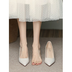 羊皮米白色尖頭高跟鞋女粗跟5公分2025年新款不累腳7公分面試單鞋