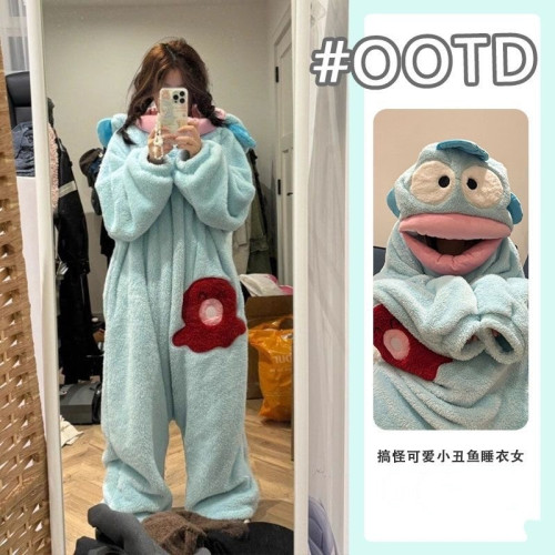 小醜魚連體睡衣女珊瑚絨卡通沙雕搞怪冬季加厚保暖大碼睡袍家居服
