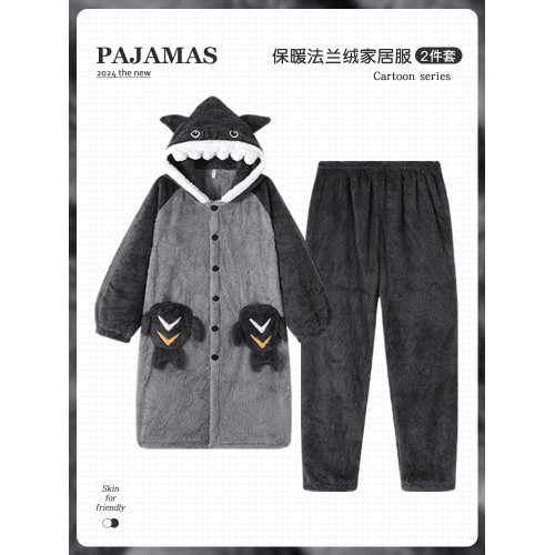 珊瑚絨男士睡袍秋冬季加厚加絨睡衣青少年浴袍冬天男生鯊魚家居服