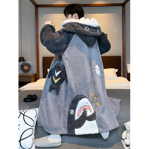 珊瑚絨男士睡袍秋冬季加厚加絨睡衣青少年浴袍冬天男生鯊魚家居服