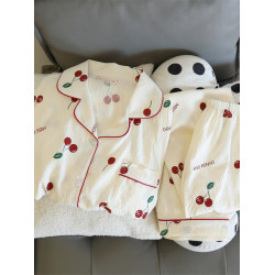 純棉紗布睡衣女長袖長褲春秋款套裝甜美櫻桃可外穿開衫家居服夏季