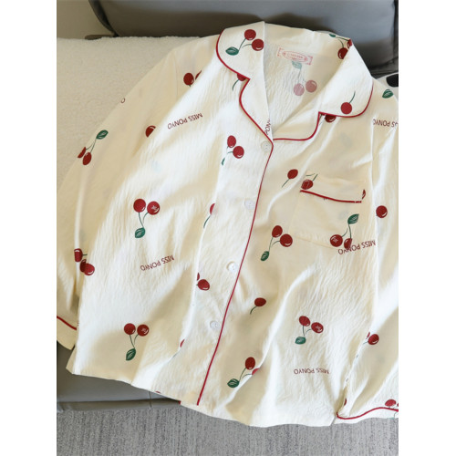 純棉紗布睡衣女長袖長褲春秋款套裝甜美櫻桃可外穿開衫家居服夏季