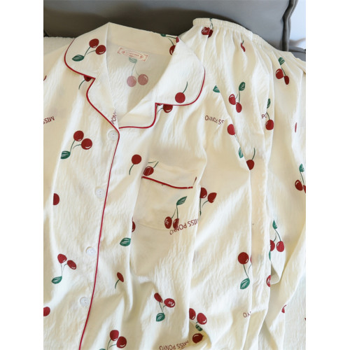 純棉紗布睡衣女長袖長褲春秋款套裝甜美櫻桃可外穿開衫家居服夏季