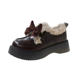 樂福鞋厚底加絨黑色英倫小皮鞋女款法式風巨好看棕色豆豆鞋一腳蹬