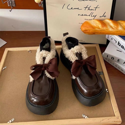 樂福鞋厚底加絨黑色英倫小皮鞋女款法式風巨好看棕色豆豆鞋一腳蹬