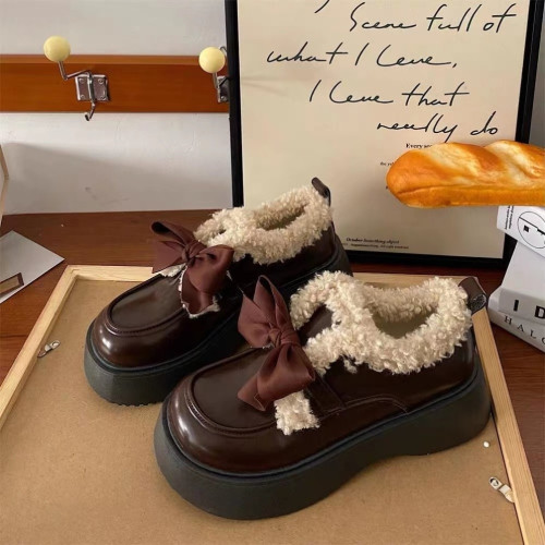 樂福鞋厚底加絨黑色英倫小皮鞋女款法式風巨好看棕色豆豆鞋一腳蹬