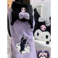 庫洛米睡袍女秋冬季大碼珊瑚絨睡衣法蘭絨可外穿連帽可愛卡通浴袍