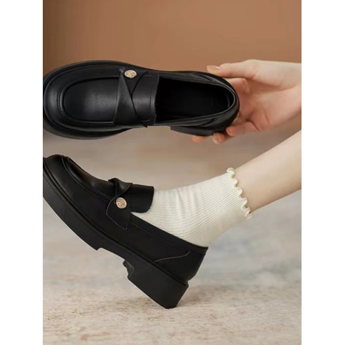 真軟皮金幣樂福鞋女復古202春季新款英倫平底單鞋一腳蹬小皮鞋女