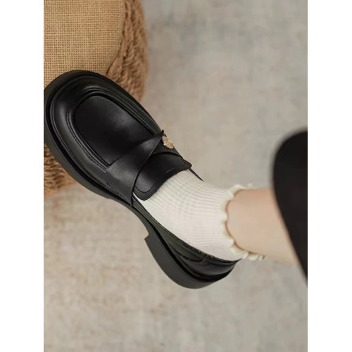 真軟皮金幣樂福鞋女復古202春季新款英倫平底單鞋一腳蹬小皮鞋女