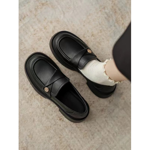 真軟皮金幣樂福鞋女復古202春季新款英倫平底單鞋一腳蹬小皮鞋女