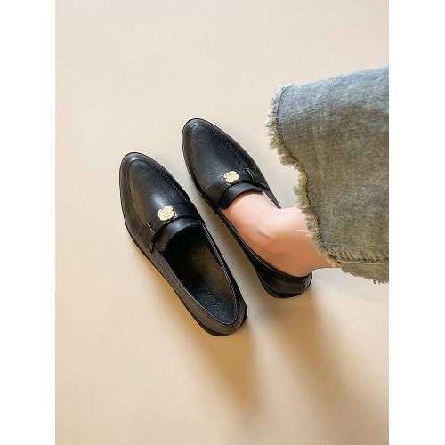 2025新款英倫風樂福鞋女黑色工作一腳蹬山茶花金幣小皮鞋百搭單鞋