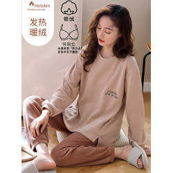 啄木鳥德絨睡衣女帶胸墊秋冬季長袖加絨加厚保暖薄絨款家居服套裝