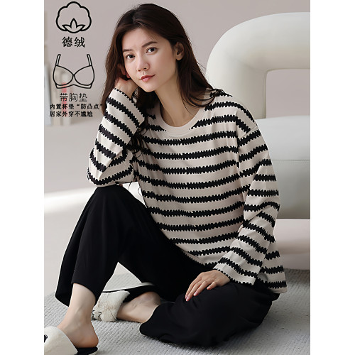 啄木鳥德絨睡衣女帶胸墊秋冬季長袖加絨加厚保暖薄絨款家居服套裝