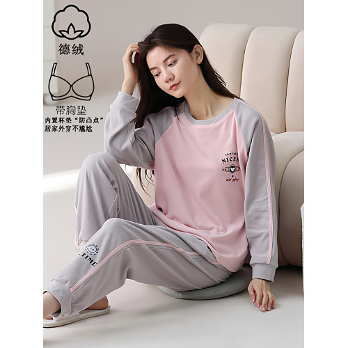 啄木鳥德絨睡衣女帶胸墊秋冬季長袖加絨加厚保暖薄絨款家居服套裝