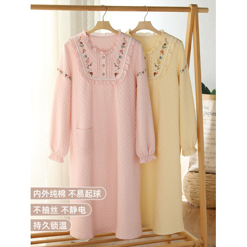 『眠島』睡裙女秋冬加厚保暖甜美刺綉睡衣純棉夾棉空氣層家居裙