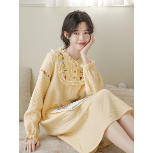 『眠島』睡裙女秋冬加厚保暖甜美刺綉睡衣純棉夾棉空氣層家居裙