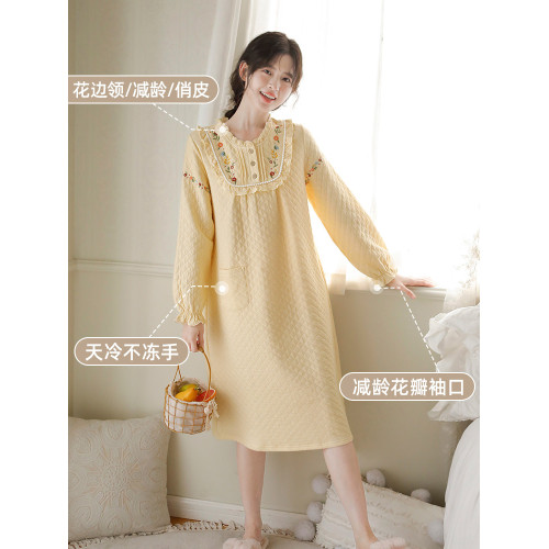 『眠島』睡裙女秋冬加厚保暖甜美刺綉睡衣純棉夾棉空氣層家居裙