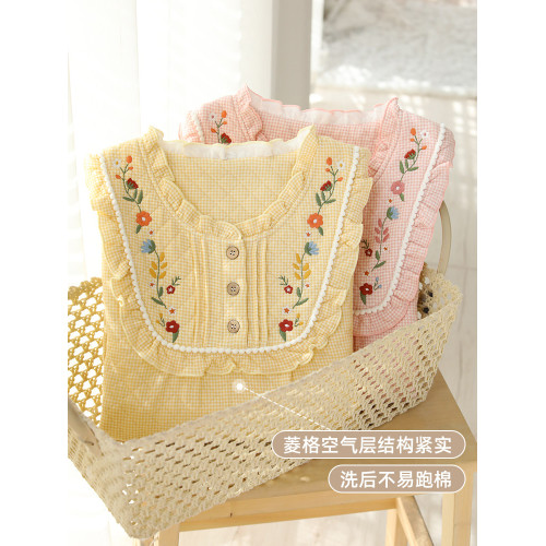 『眠島』睡裙女秋冬加厚保暖甜美刺綉睡衣純棉夾棉空氣層家居裙