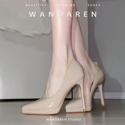 裸色淺口高跟鞋女細跟2025新款防水台不累腳單鞋氣質尖頭職業鞋