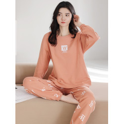 新款100%純棉睡衣女士春秋季長袖帶胸墊秋冬夏外穿全棉家居服套裝