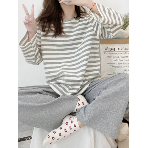 新款100%純棉睡衣女士春秋季長袖帶胸墊秋冬夏外穿全棉家居服套裝