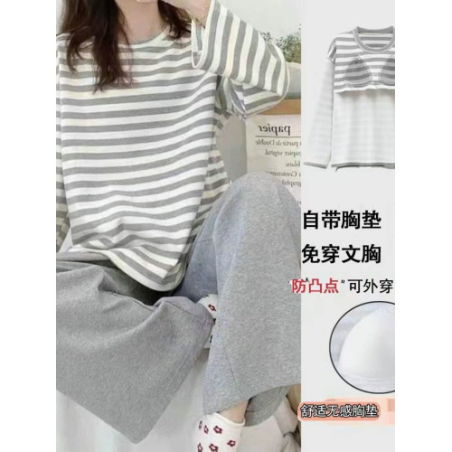 新款100%純棉睡衣女士春秋季長袖帶胸墊秋冬夏外穿全棉家居服套裝