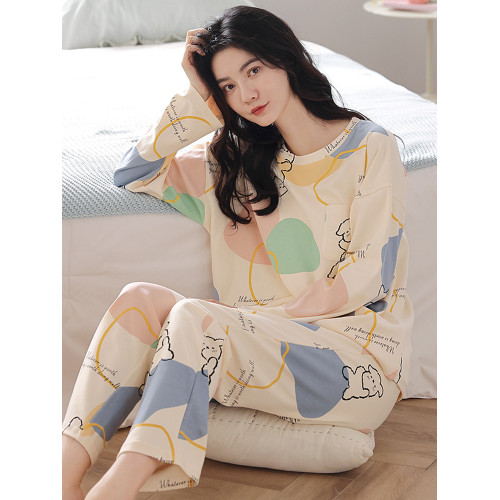 新款100%純棉睡衣女士春秋季長袖帶胸墊秋冬夏外穿全棉家居服套裝