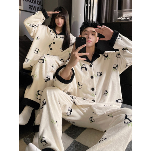 珊瑚絨情侶睡衣男女生冬季拉鍊加絨加厚法蘭絨可外穿家居服套裝厚