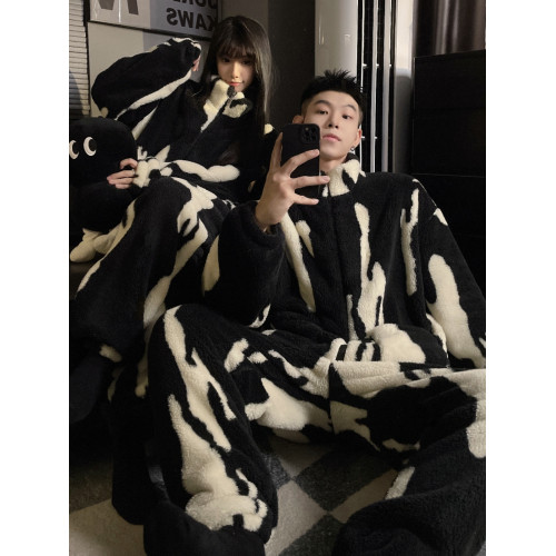 珊瑚絨情侶睡衣男女生冬季拉鍊加絨加厚法蘭絨可外穿家居服套裝厚