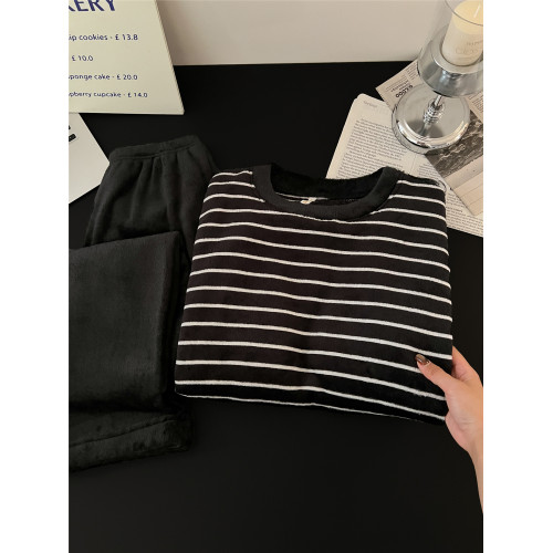 珊瑚絨情侶睡衣秋冬季加絨保暖男士女條紋可外穿法蘭絨家居服套裝