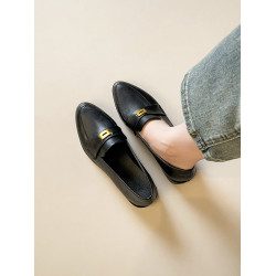 2025新款英倫風樂福鞋女黑色尖頭一腳蹬金屬釦百搭工作小皮鞋單鞋