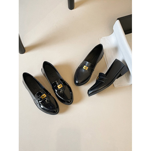 2025新款英倫風樂福鞋女黑色尖頭一腳蹬金屬釦百搭工作小皮鞋單鞋