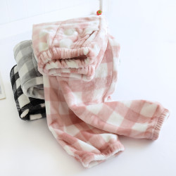 日系格子法蘭絨睡褲女秋冬加厚休閒雙面絨收小腳腿口珊瑚絨暖暖褲