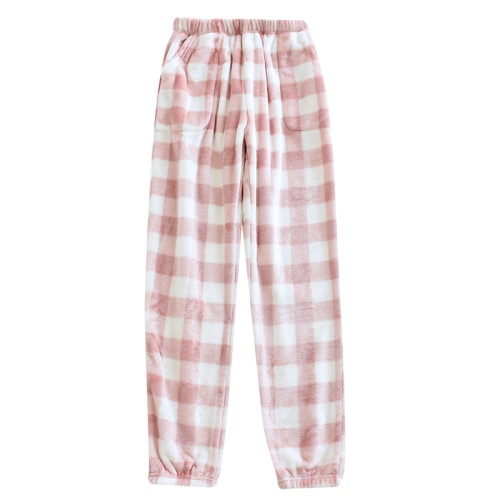 日系格子法蘭絨睡褲女秋冬加厚休閒雙面絨收小腳腿口珊瑚絨暖暖褲