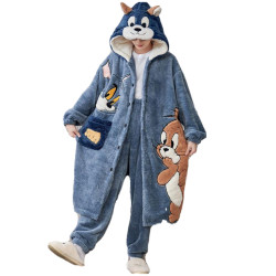 珊瑚絨睡衣男秋冬季青少年卡通睡袍法蘭絨加絨加厚男士浴袍家居服