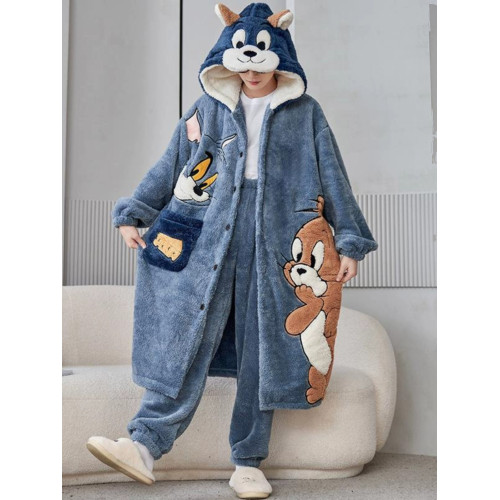 珊瑚絨睡衣男秋冬季青少年卡通睡袍法蘭絨加絨加厚男士浴袍家居服