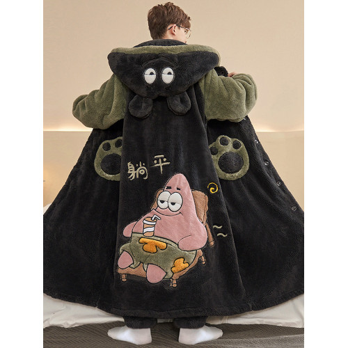 珊瑚絨睡衣男秋冬季青少年卡通睡袍法蘭絨加絨加厚男士浴袍家居服