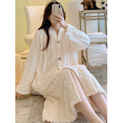 睡袍女士睡衣秋冬中長款法蘭絨加厚加絨珊瑚絨開衫家居睡裙可外穿