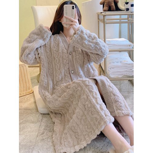 睡袍女士睡衣秋冬中長款法蘭絨加厚加絨珊瑚絨開衫家居睡裙可外穿