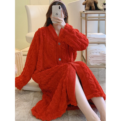 睡袍女士睡衣秋冬中長款法蘭絨加厚加絨珊瑚絨開衫家居睡裙可外穿