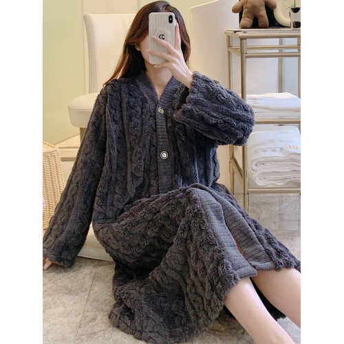 睡袍女士睡衣秋冬中長款法蘭絨加厚加絨珊瑚絨開衫家居睡裙可外穿