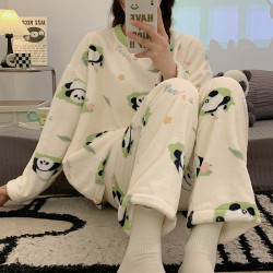 秋冬季新款睡衣女款保暖珊瑚絨加絨加厚休閒可外穿家居服冬天套裝