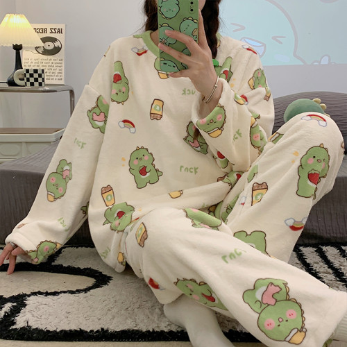 秋冬季新款睡衣女款保暖珊瑚絨加絨加厚休閒可外穿家居服冬天套裝